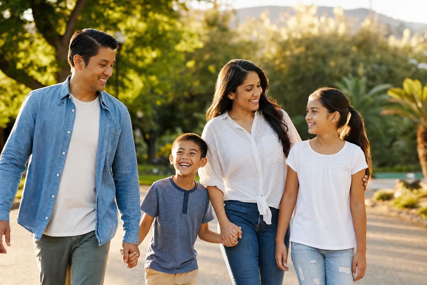 A happy multi-generational family walking together in a sunlit Pasadena park
