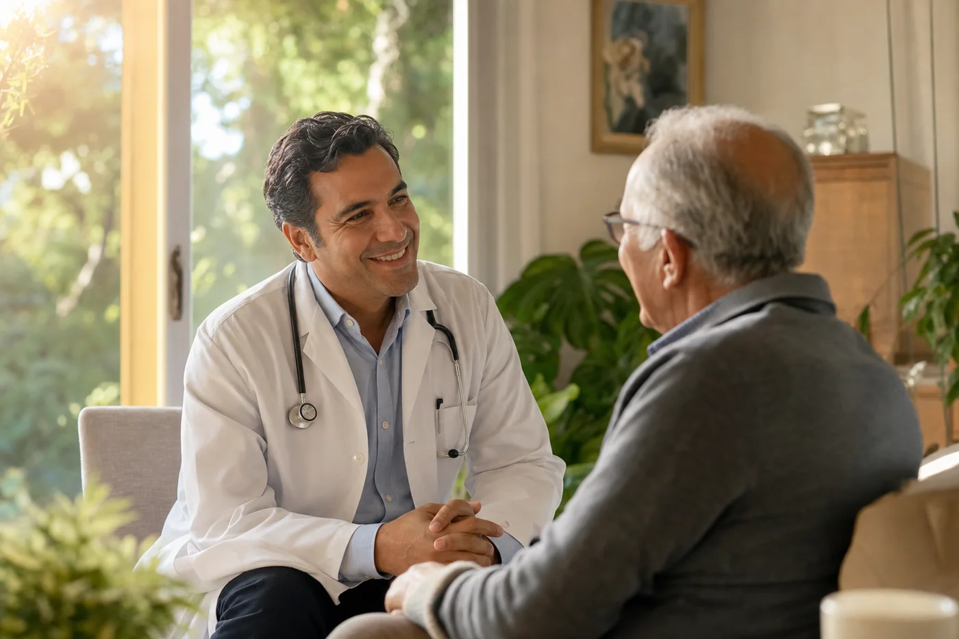 Dr. Marcus Bell listening closely to an older patient in a warm, sunlit room